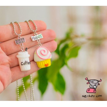 Кулон парный для друзей "Best Friends. Coffee.Cupcake желтый". Цена за 1 пару